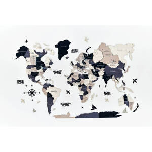 B2B Drevená mapa sveta na stenu, 3D Farba: Čierna, Veľkosť: S