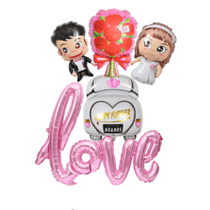 Set mladomanželia + ružový balón LOVE
