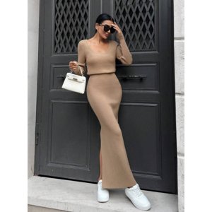 Hnedý vrúbkovaný sukňový komplet